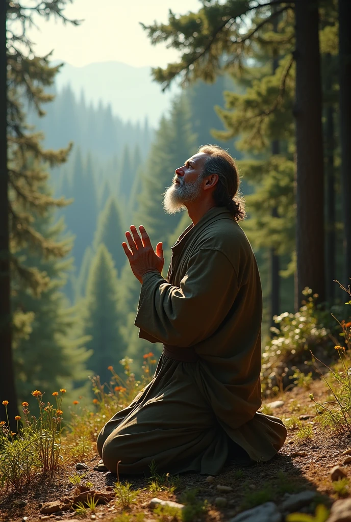 A man praying to God on a mountain with many trees