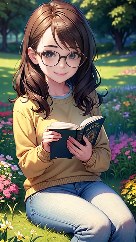 a nerdy girl, short wavy brown hair, glasses, freckles, cute smile, sweater, jeans, sitting on grass in a garden, reading a book, surrounded by flowers, sunlight, peaceful, warm tones, cinematic lighting, photorealistic, ultra-detailed, masterpiece, hyper-realistic, intricate details, vibrant colors, 8k