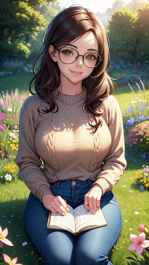 a nerdy girl, short wavy brown hair, glasses, freckles, cute smile, sweater, jeans, sitting on grass in a garden, reading a book, surrounded by flowers, sunlight, peaceful, warm tones, cinematic lighting, photorealistic, ultra-detailed, masterpiece, hyper-realistic, intricate details, vibrant colors, 8k