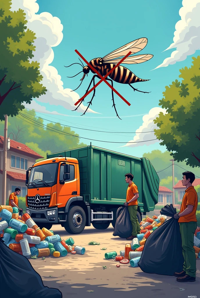 A garbage truck and people delivering black bags with garbage where plastic containers can be seen, Bottles, cans.
It must also include a large mosquito crossed out with an x.
