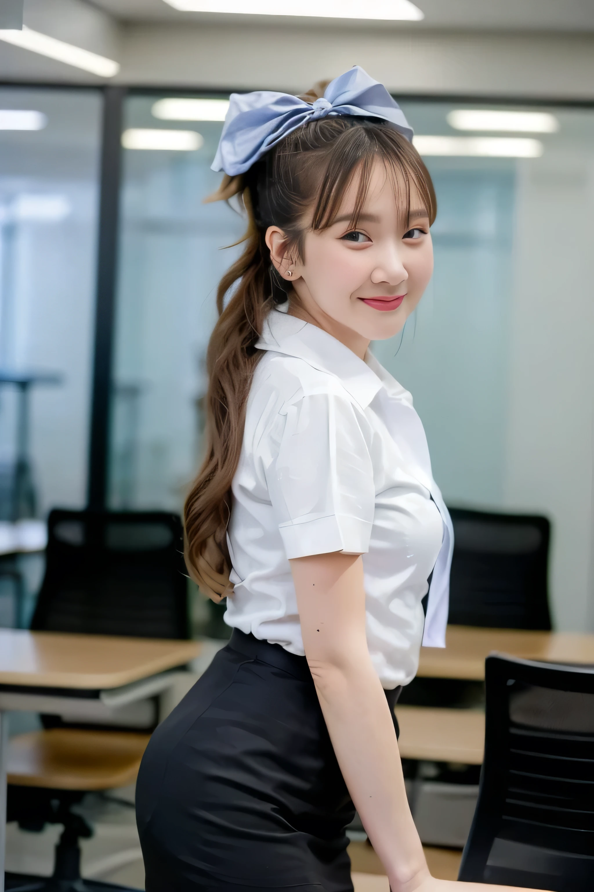 Close up,1 girl{{A beautiful woman wearing a white short-sleeved shirt and a short black pencil skirt}} ,( hair tied with a bow), standing, sexy pose.  with several lecture tables set up behind it  There is a sliding glass window.  There was evening light streaming into the room.