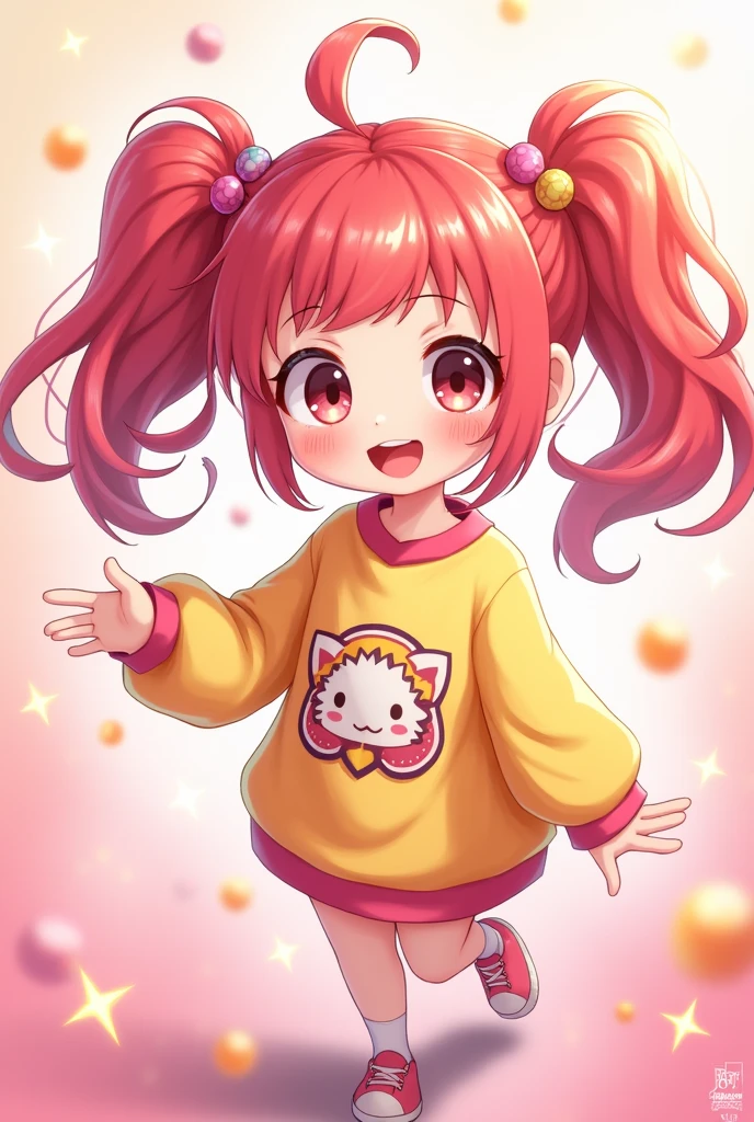 Create a 2d image of a cute anime girl smiling with pastel red hair excited vtuber