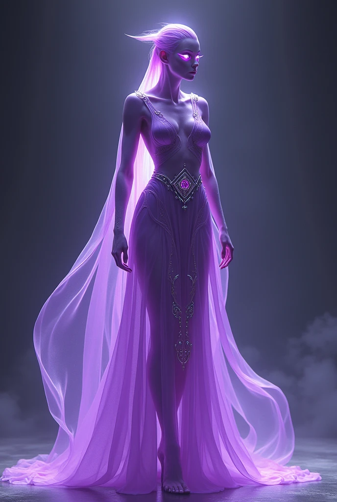 **Description Physique Précise d'Ambassador K'relth**
- **Forme générale** : Silhouette élancée, angulaire, avec des courbes fluides et un aspect spectral
- **Peau** : Violet éthéré, légèrement translucide, avec des reflets irisés et un éclat léger comme si elle était luminescente
- **Yeux** : Grands, perçants, couleur violet profond avec des pupilles fendues verticalement; légèrement luminescents avec un éclat surnaturel
- **Visage** : Traits anguleux et fins, avec des os saillants; mâchoire et pommettes bien définies, créant une apparence éthérée
- **Taille** : Environ 2 mètres de hauteur
- **Corpulence** : Mince mais avec une stature imposante, donnant une impression de légèreté et de grâce
- **Vêtements** : Robe longue et fluide, en tissu translucide et irisé, principalement violet avec des accents argentés; coupe élégante, légèrement évasée vers le bas
- **Accessoires** : Ceinture fine en métal léger, ornée de motifs géométriques et de petits cristaux lumineux; parfois une broche en forme de symbole galactique, discrète mais raffinée
- **Ambiance visuelle** : Aura de lumière douce autour de lui; effets visuels subtils tels que des éclats lumineux et une brume légère, accentuant son caractère spectral et mystique