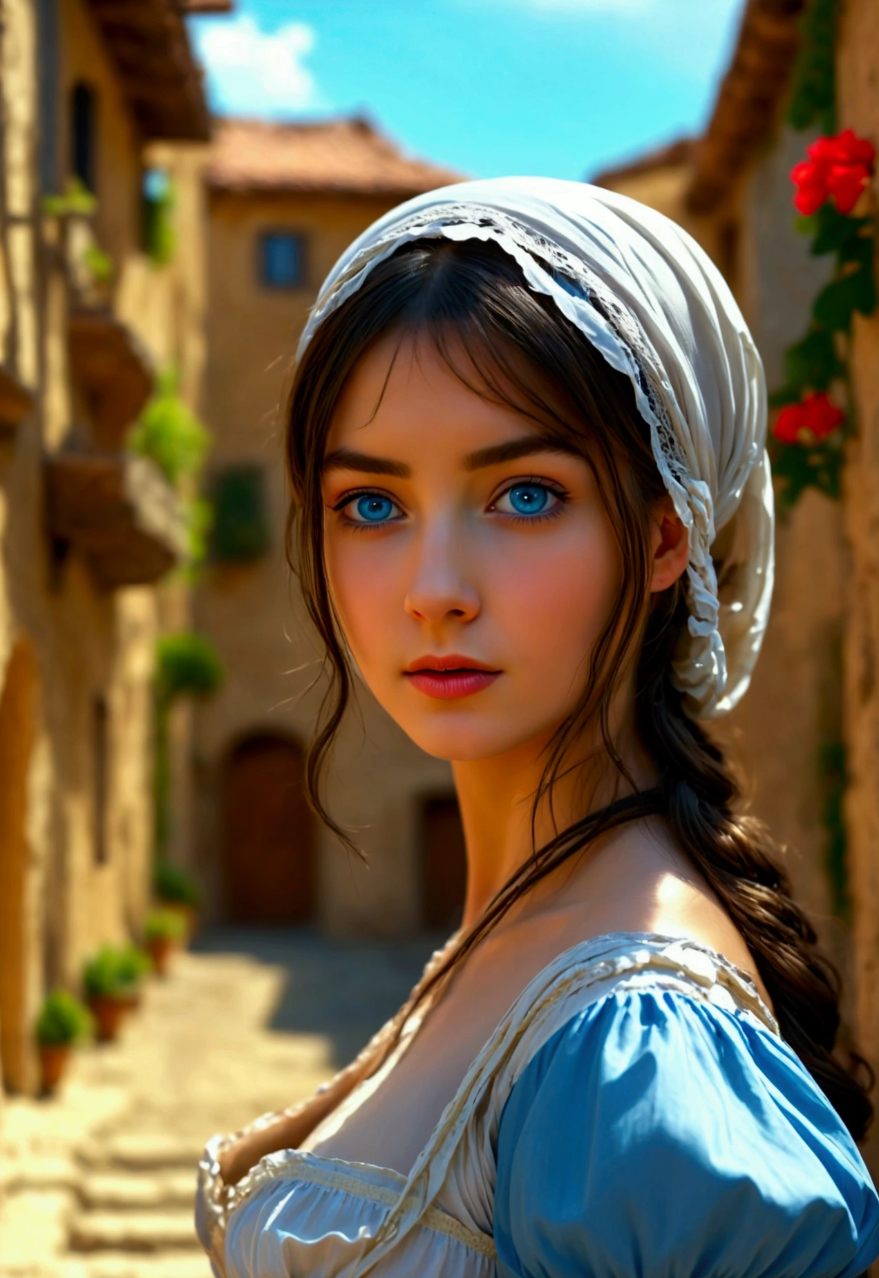 Best Quality, masterpiece, realistic photo, intricate details, raw photo, ultra detailed, old fashioned young woman, with peasant style dress, no necklines, by rubio, perfect detailed blue eyes, walking in an old city, high definition quality, 8k, young woman, 20 years