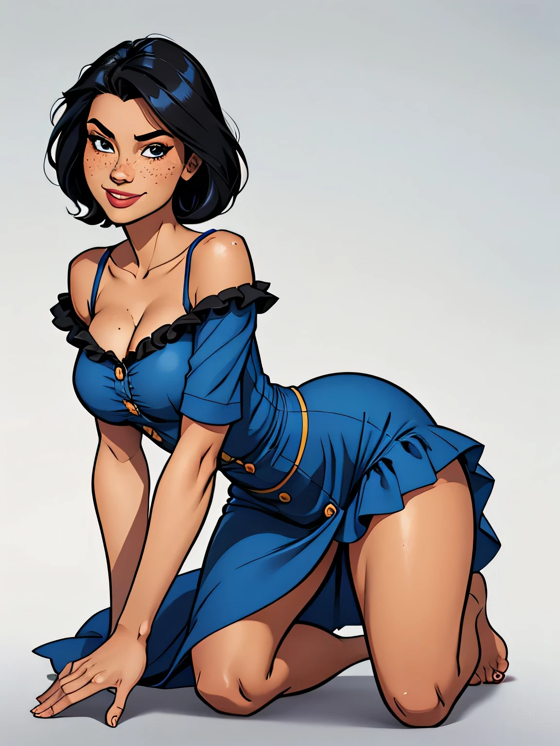 Thin woman, age 25, 4K (High definition), mysterious smile, seducing gaze, eyes browns, wearing a blue dress with a boat neck (with buttons) and short sleeves (with white frills), arms positioned at the side of the body, pele caucasiana, straight shoulder-length black hair, kneeling (barefoot), full of curves with freckles on her chest and neck, round breasts. High-quality Marvel style, white background.