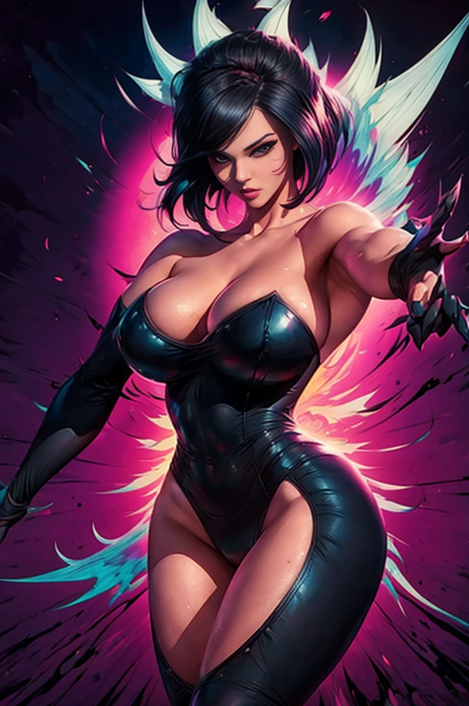 1girl,Latina, Model Daisy Marie,cel shading,bold outlines,flat colors,sharp shadows,graphic style,(manga influence),clean linework,(striking visuals),multicolored background