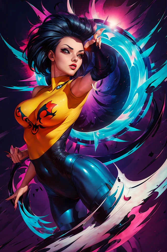 1girl,Latina, Adult Model Daisy Marie,cel shading,bold outlines,flat colors,sharp shadows,graphic style,(manga influence),clean linework,(striking visuals),multicolored background