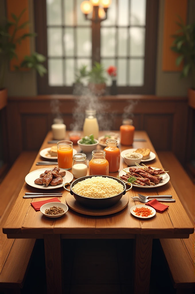 On a wooden table with beautiful details and 1 large long bench on each side of the table in this case two benches, on top of this table on the right end there is a glass bowl with 4 skewers of beef and 2 skewers of hearts, next to this basin show an iron pot without a lid full of steaming rice, next to the pan, show a medium square glass jar with homemade mayonnaise and right next to it a very small round glass jar full of flour. Also place plates and cutlery as if someone was going to make this wonderful meal and also add 3 soft drinks of different flavors in the middle of the table.