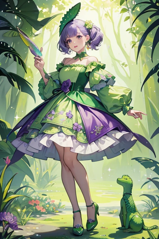 Andie is a light green doll with purple hair and an alligator tail.
She wears a green dress with scales on her top and a floral design throughout.
She wears yellow shoes. SPARKLE; GLITTER