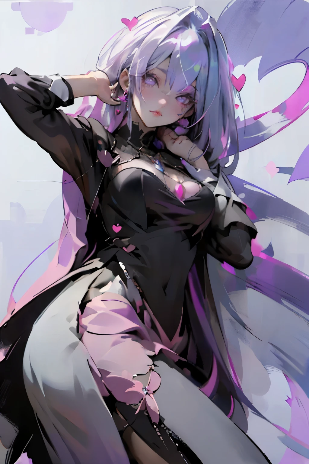 (best quality), ultra res, highly detailed, turned at viewer, anime style, (face shoot), medium length hair, white hair with lilac at the ends, black gothic dress, goth dress, (looking at viewer), heart symbol on her right side of face, dark makeup, wearing a necklace with a big pink heart pendant, straight hair.