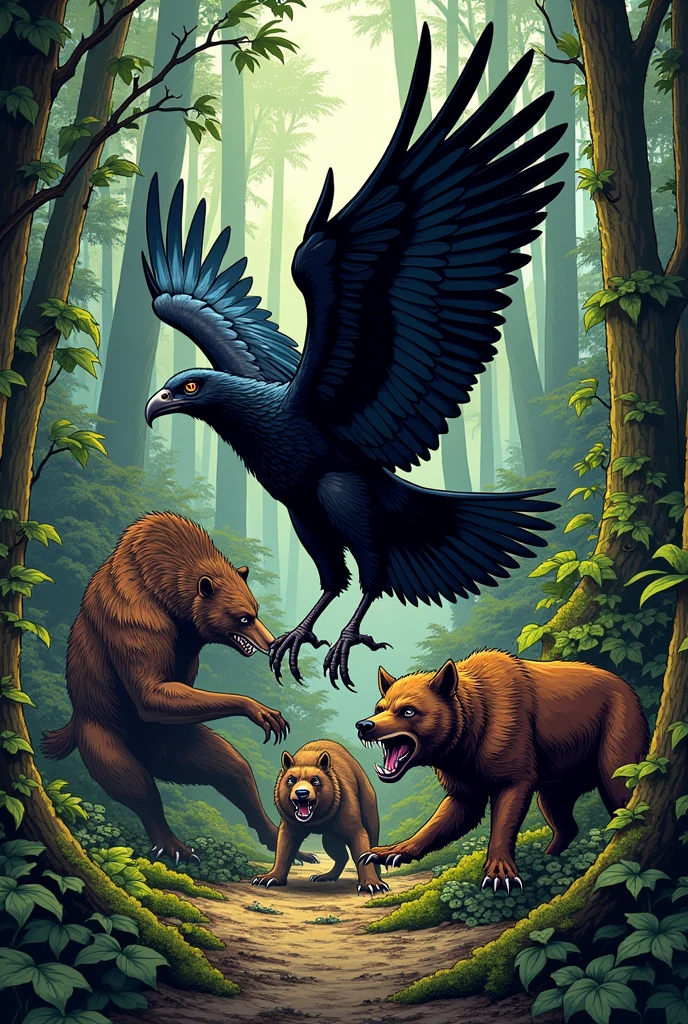 create an image of black vultures fighting with other animals in a forest for comic book