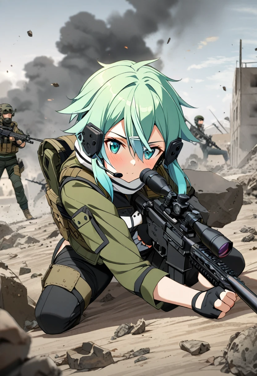 1girl, sinon, sword art online, sniper, modern tactical gear, dark green combat shirt, black tactical pants, combat boots, tactical vest, fingerless gloves, headset, Denel NTM-20 anti-materiel rifle, scope, prone position, battlefield, wasteland, tense atmosphere, action, debris, smoke, modern warfare,masterpiece, best quality, absurdres,cowboy shot