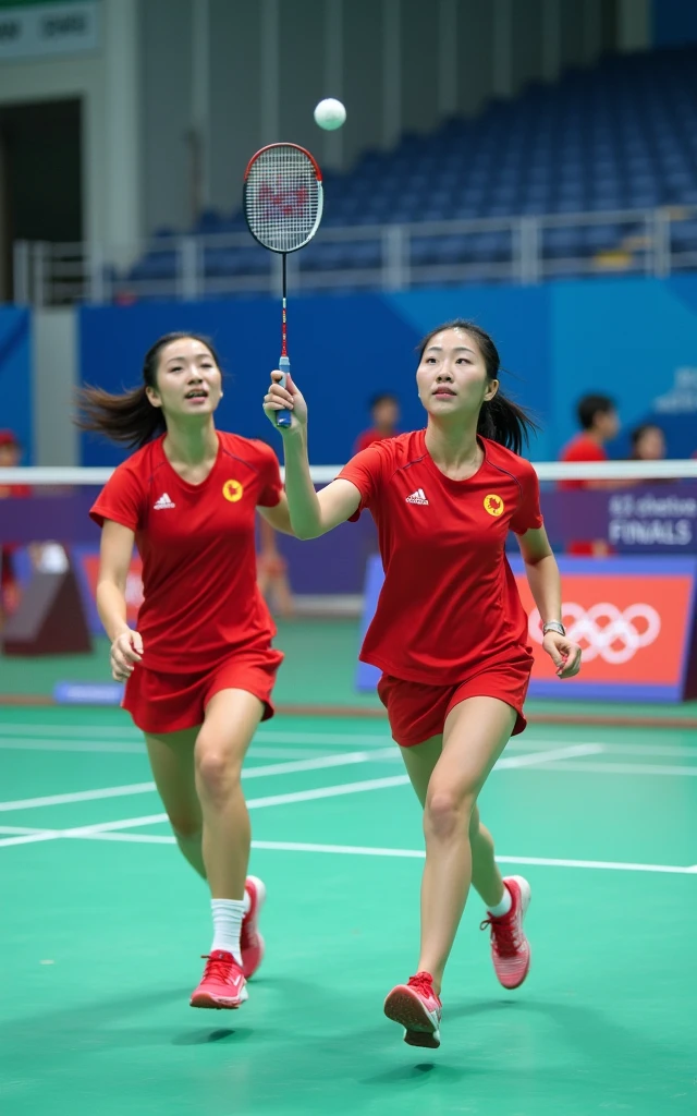 Chinese women's badminton,Women's Doubles,Red outfit,Beautiful facial features,White skin,full-body shot,Panoramic vistas,Wide-angle lens,Serve,Catch the ball,Jump Smash,Intense stimulation,Olympic Games Finals Background