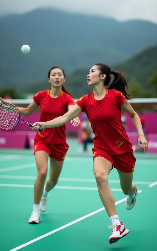Chinese women's badminton,Women's Doubles,Red outfit,Beautiful facial features,White skin,full-body shot,Panoramic vistas,Wide-angle lens,Serve,Catch the ball,Jump Smash,Intense stimulation,Olympic Games Finals Background