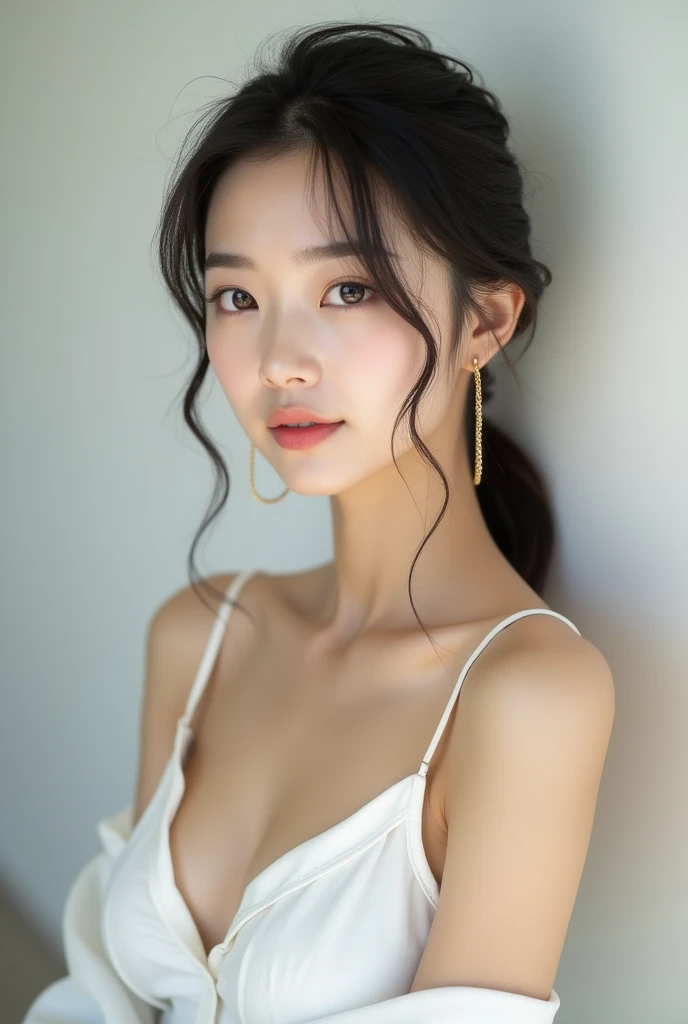 Highest quality、Photographed in natural light、Highly realistic photos、Detailed beautiful face、Japanese women、profile、One person、30-year-old female、Summer clothes、White camisole、Half Up Hair、Don&#39;t look at the camera、indoor、In front of a white wall、Big Breasts,Chain earrings