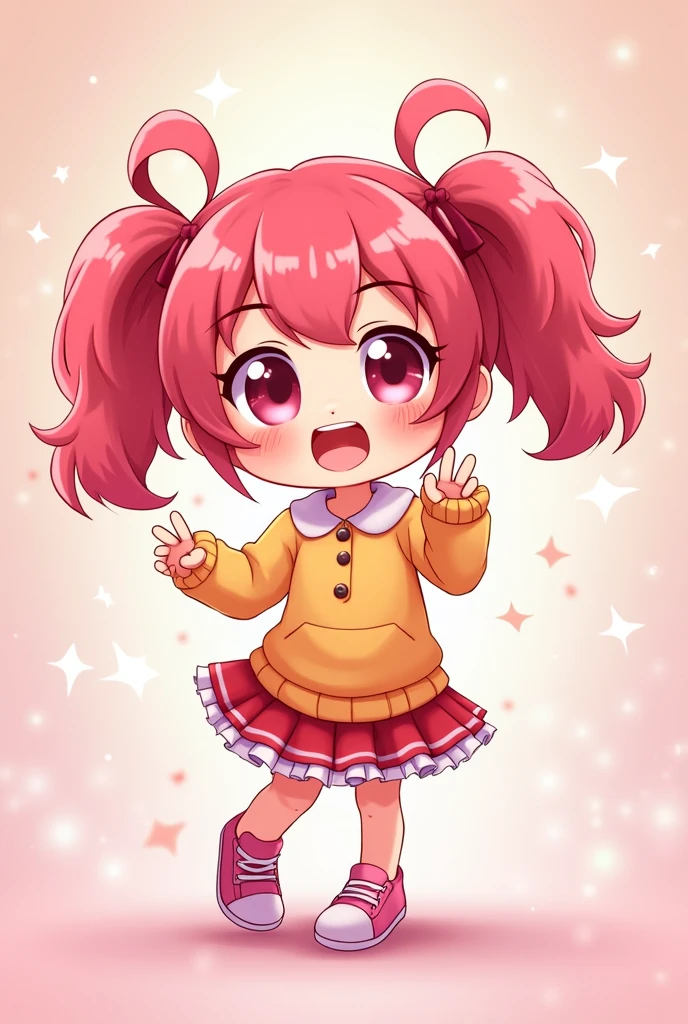 Create a 2d image of a cute anime girl smiling with pastel red hair excited vtuber