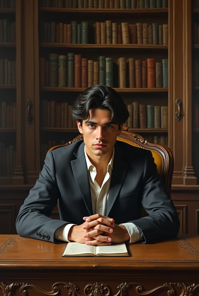 Oil painting of a 22 year old young brunette man in a room with a lot of books sitting at a table looking straight ahead, do this inspired by the painting of Marquês de Pombal.