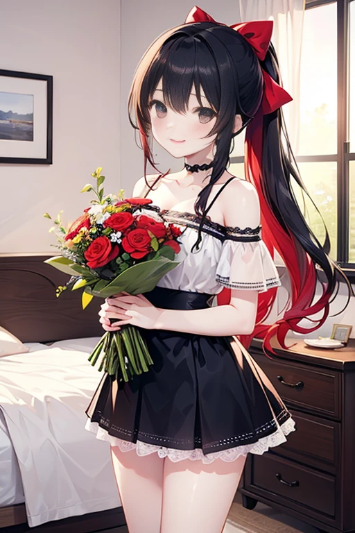 1 person,smile、Black Hair、Long Hair、Long Ponytail、Red hair ribbon、Holding a bouquet。、Are standing、Off the shoulder,mini skirt、Cowboy Shot,Bare legs,bedroom、Bright room、