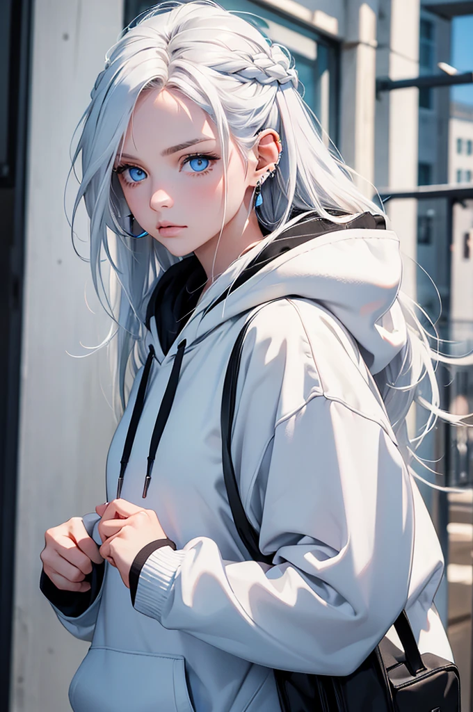 Best quality, masterpiece, ultra high res, (photorealistic:1.4), raw photo, 1girl, bright icy blue eyes, white hair, long hair, loose white hoodie, black sweatpants, one earring, earbuds