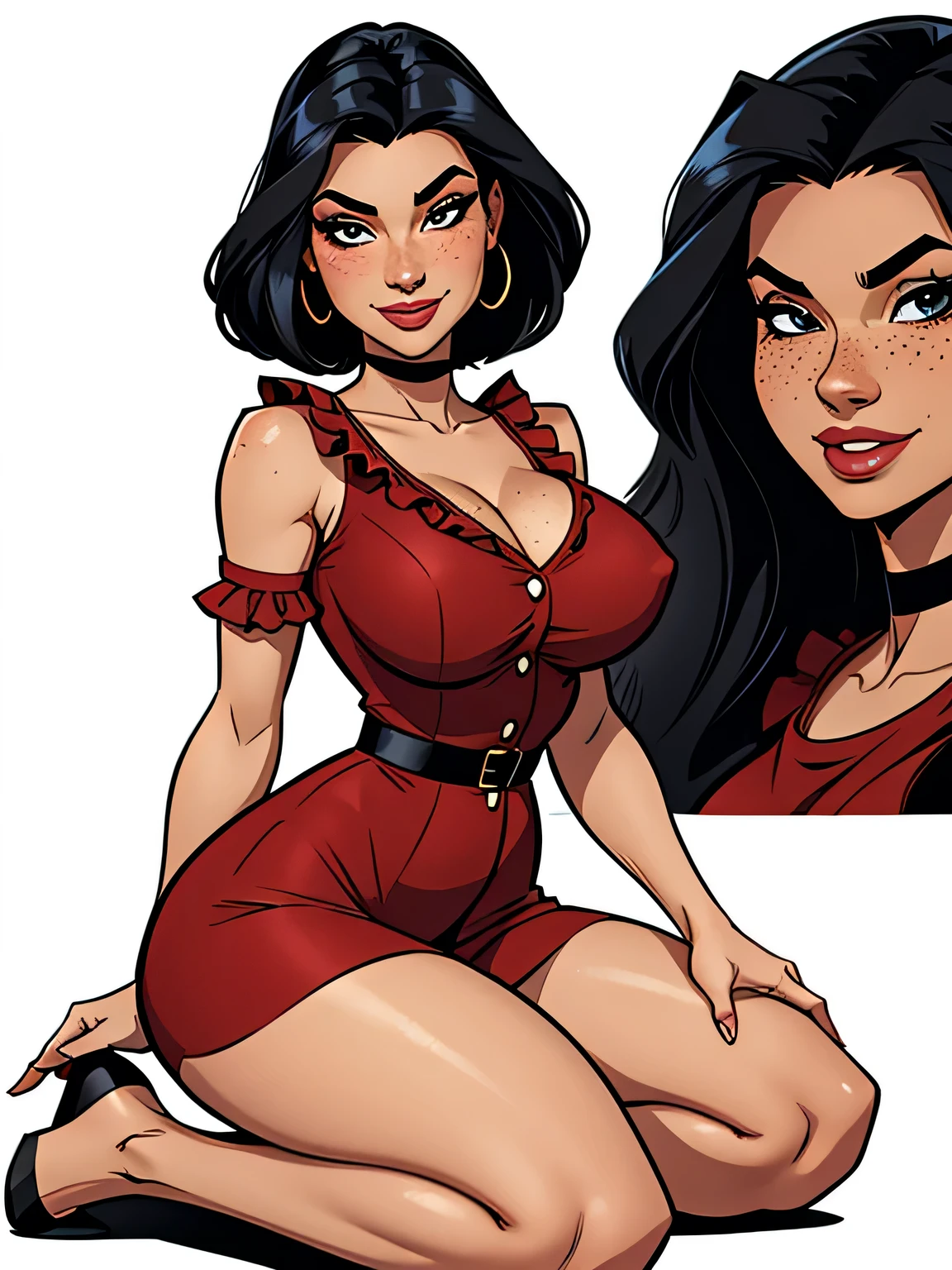 Thin woman, age 25, 4K (High definition), mysterious smile, seducing gaze, eyes browns, wearing a red dress with a boat neck (with black buttons) and short sleeves (with white frills), arms positioned at the side of the body, pele caucasiana, straight shoulder-length black hair, kneeling, full of curves with freckles on her chest and neck, round breasts. High-quality Marvel style, white background.