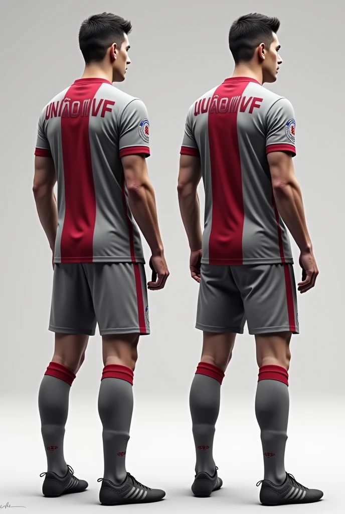 Create a complete River Plate uniform with gray and wine colors with the name Uniao MVF on the back