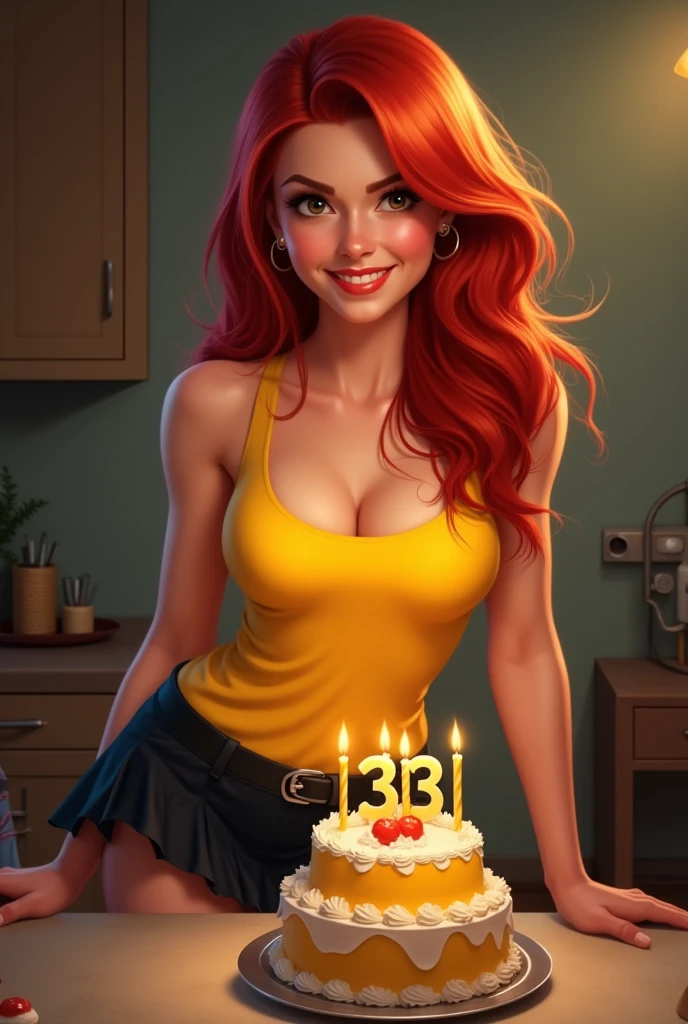 Redhead girl stuffed yellow tank top black skirt with a 33rd birthday cake