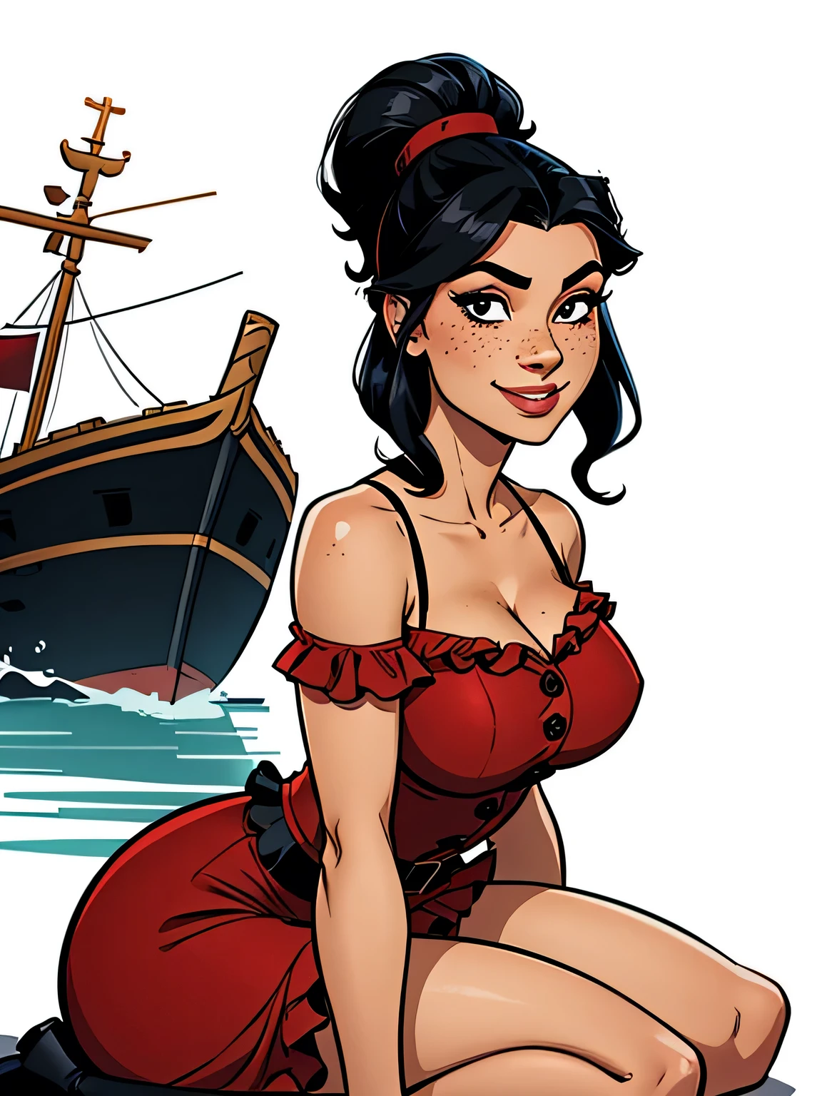 Thin woman, age 25, 4K (High definition), mysterious smile, seducing gaze, eyes browns, wearing a red dress with a boat neck (with black buttons) and short sleeves (with white frills), arms positioned at the side of the body, pele caucasiana, straight shoulder-length black hair, kneeling, full of curves with freckles on her chest and neck, round breasts. High-quality Marvel style, white background.