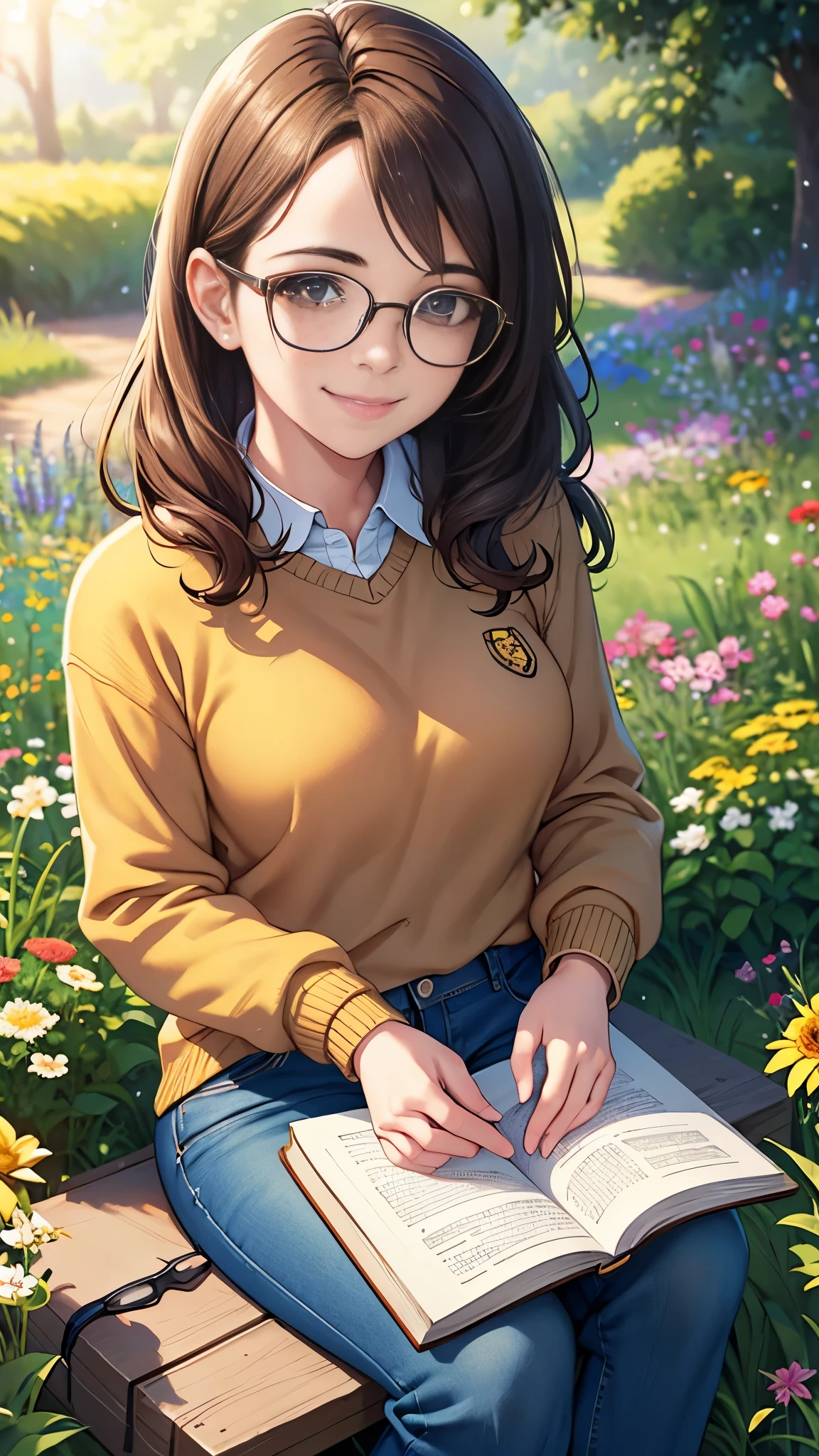 a nerdy girl, short wavy brown hair, glasses, freckles, cute smile, sweater, jeans, sitting on grass in a garden, reading a book, surrounded by flowers, sunlight, peaceful, warm tones, cinematic lighting, photorealistic, ultra-detailed, masterpiece, hyper-realistic, intricate details, vibrant colors, 8k