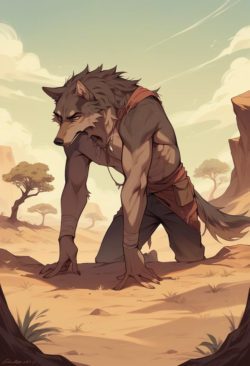 A man slaughters a wolf that almost killed a woman in the desert. This wolf is violent, normal drawing, good clarity, tree in the back.