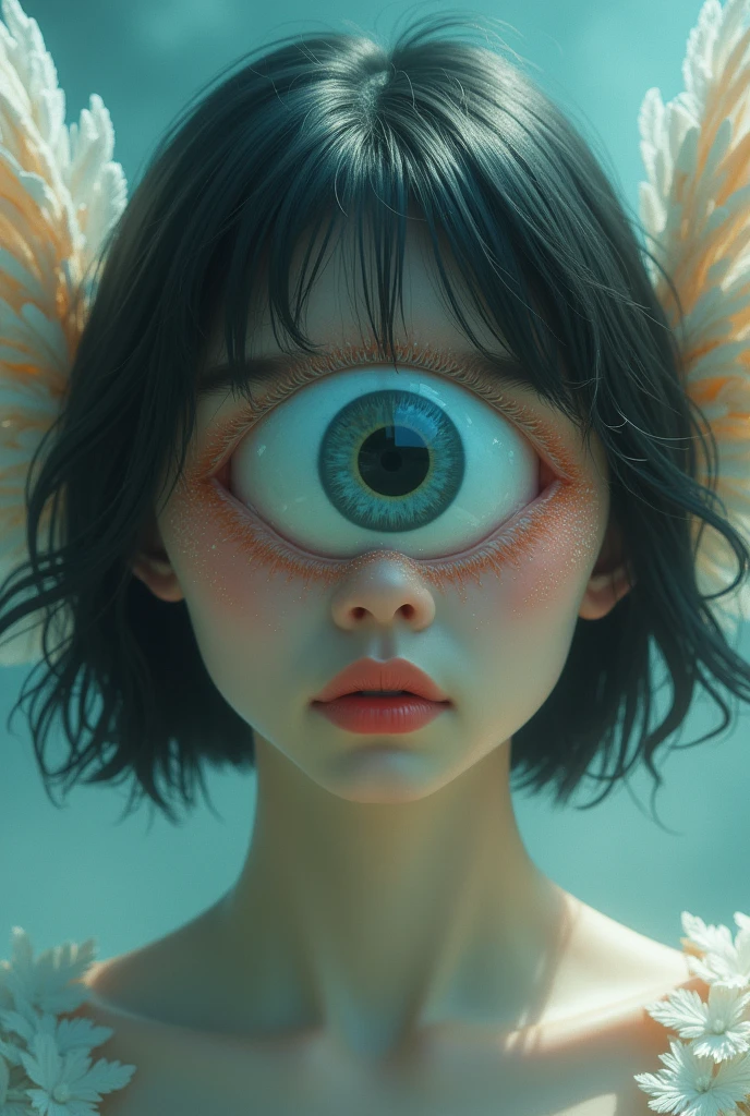 dreamcore girl with one eye giant on his face, short black hair, she has only one giant eye, and around the eye there are wings