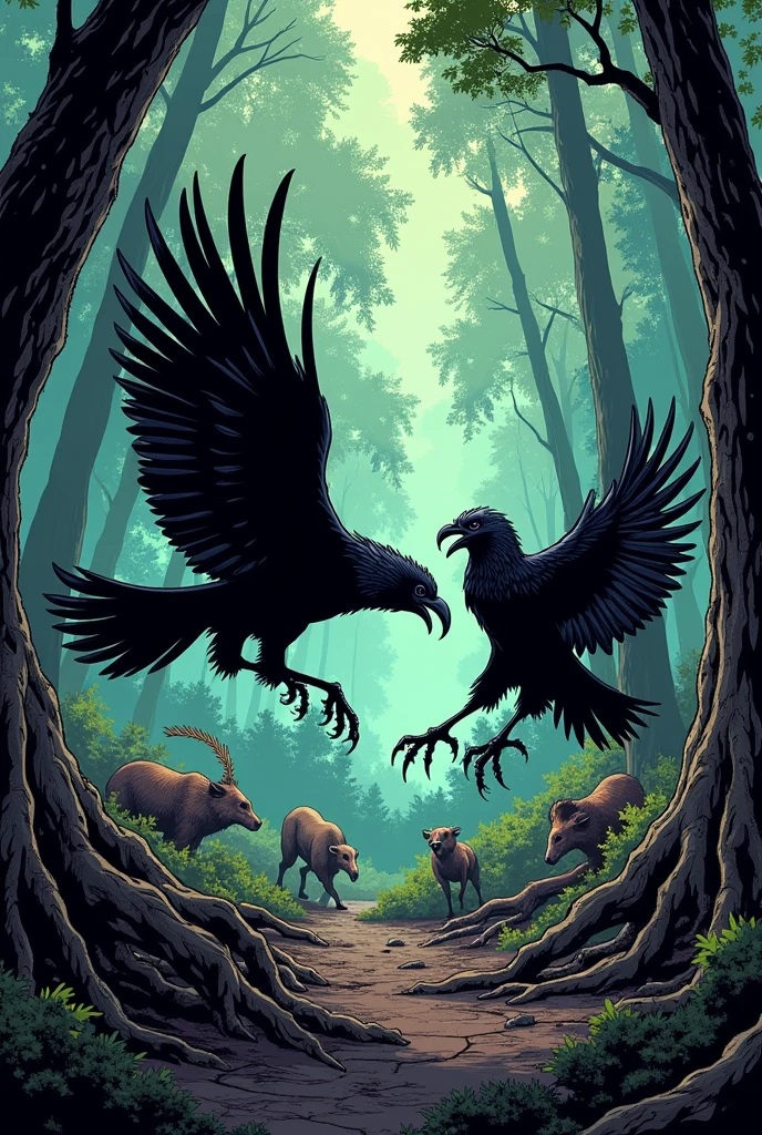 create an image of black vultures at war with other animals in a forest for comic book