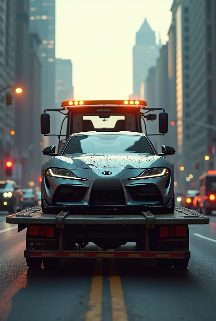 Create a scene of a car being towed by a tow truck.