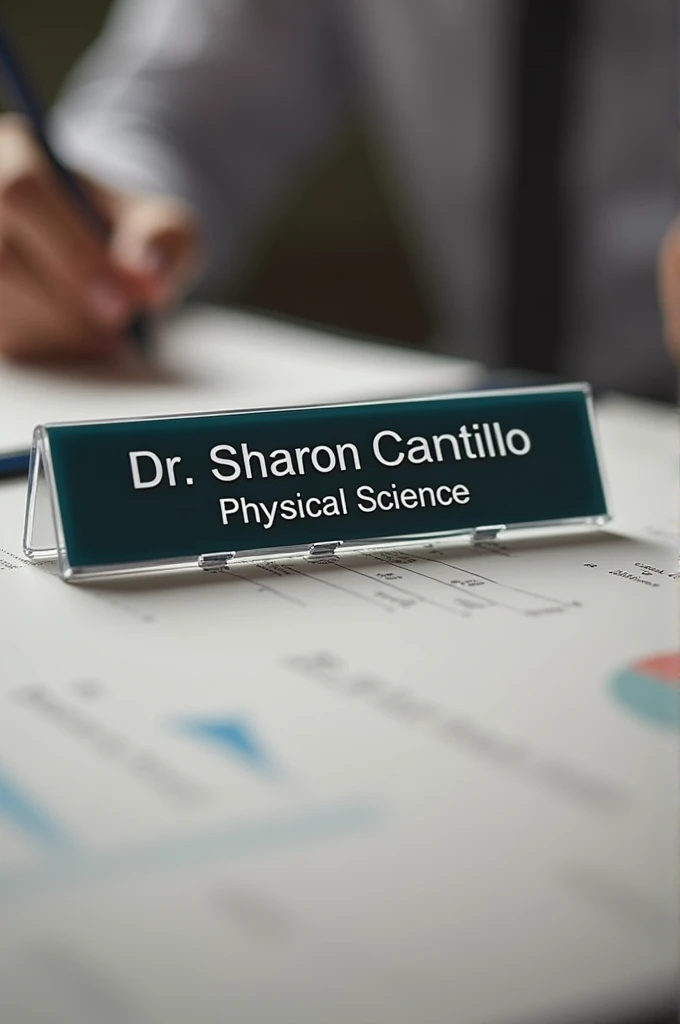 Create me a modern looking desk nameplate that says the following: "Dr. Sharon Cantillo, Physical Science."