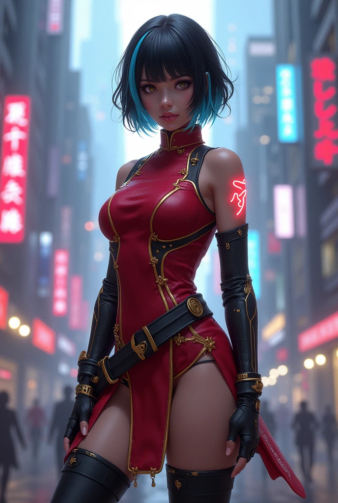 A digital artwork of a futuristic female warrior seated against a cyberpunk cityscape. She has short black hair with a streak of electric blue, a calm yet determined expression, and wears a crimson cheongsam with gold cybernetic detailing. Her thigh-high black boots and a glowing tattoo on her right arm add to her commanding presence. The neon-lit cityscape behind her, with towering structures and holographic billboards, enhances the futuristic theme. Soft ambient light highlights her poise and 