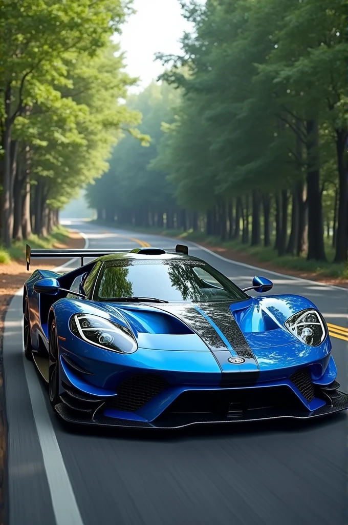Create a blue and black sports car,on a road with several trees on the side