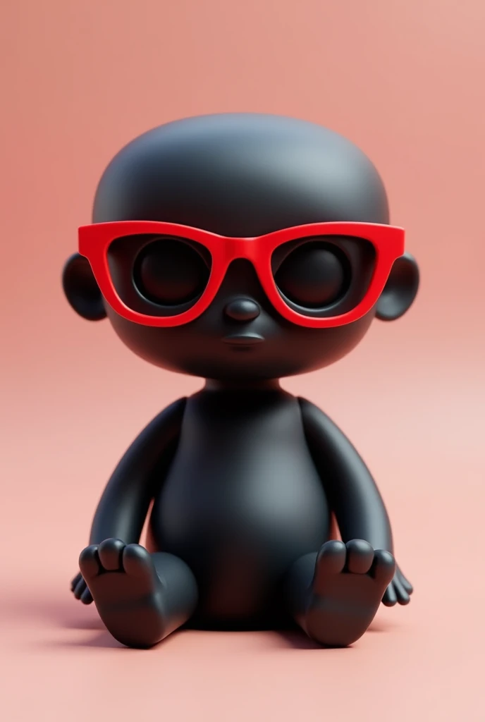 a cartoon-shaped doll all in black, in the front sitting position, with red glasses on his face 