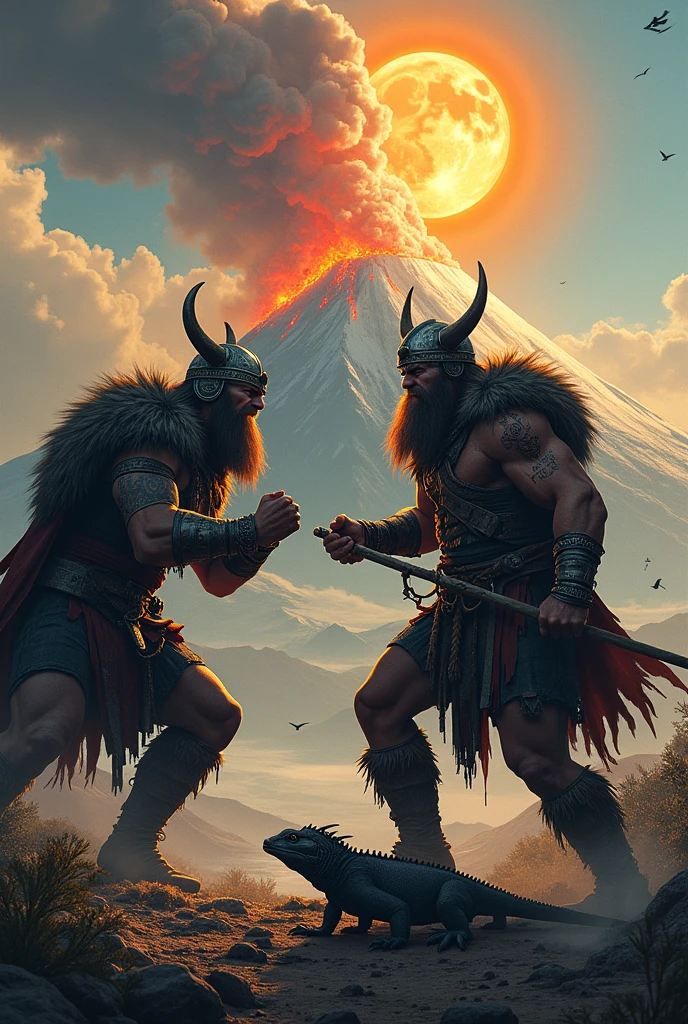 Two Vikings freestyling rapping, with some lyrics that say rapnarok san miguel, with the background of volcanoes, a sun and a garrobo