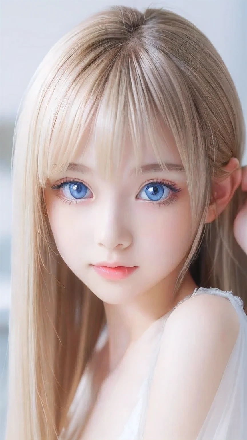 True Photo Quality、A beautiful girl、Extraordinary sexy beauty、Beautiful calm and bright expression、Sexy look、Perfect beautiful pretty face with bangs、Bangs between the eyes、Super long platinum blonde straight silky hair、blonde on a beautiful face、Very cute beautiful sexy young little woman、Very perfect beautiful cute face、Beautiful, shining, very bright sky blue eyes、Very big eyes、Hair above the eyes、片Hair above the eyes、Hair between the eyes、Very bright and white skin、Cheek gloss、Small Face Beauty、round face、eyeliner