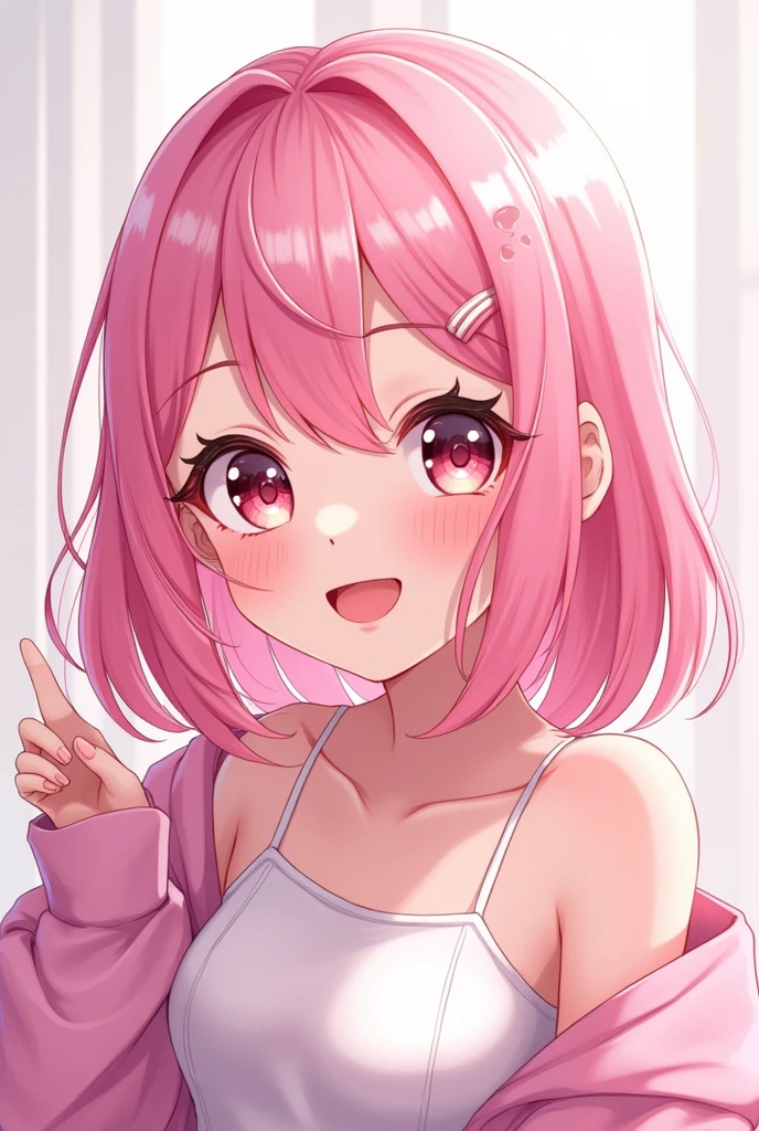 Create a 2d image of a cute anime girl smiling with pastel pink hair excited vtuber