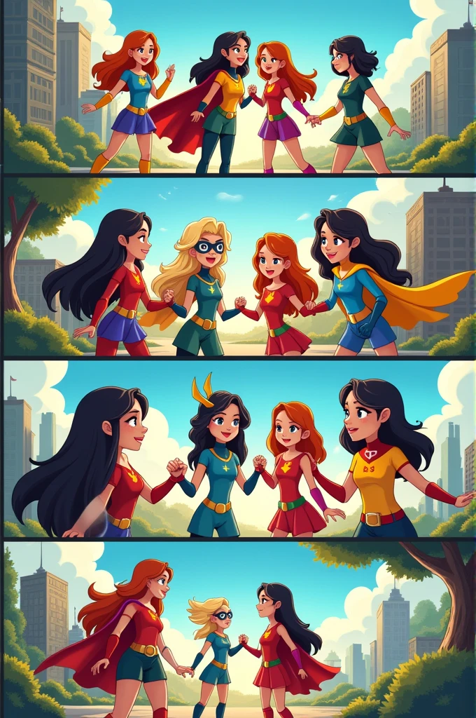 Cartoons of superhero girls of 8 frames story about friendship