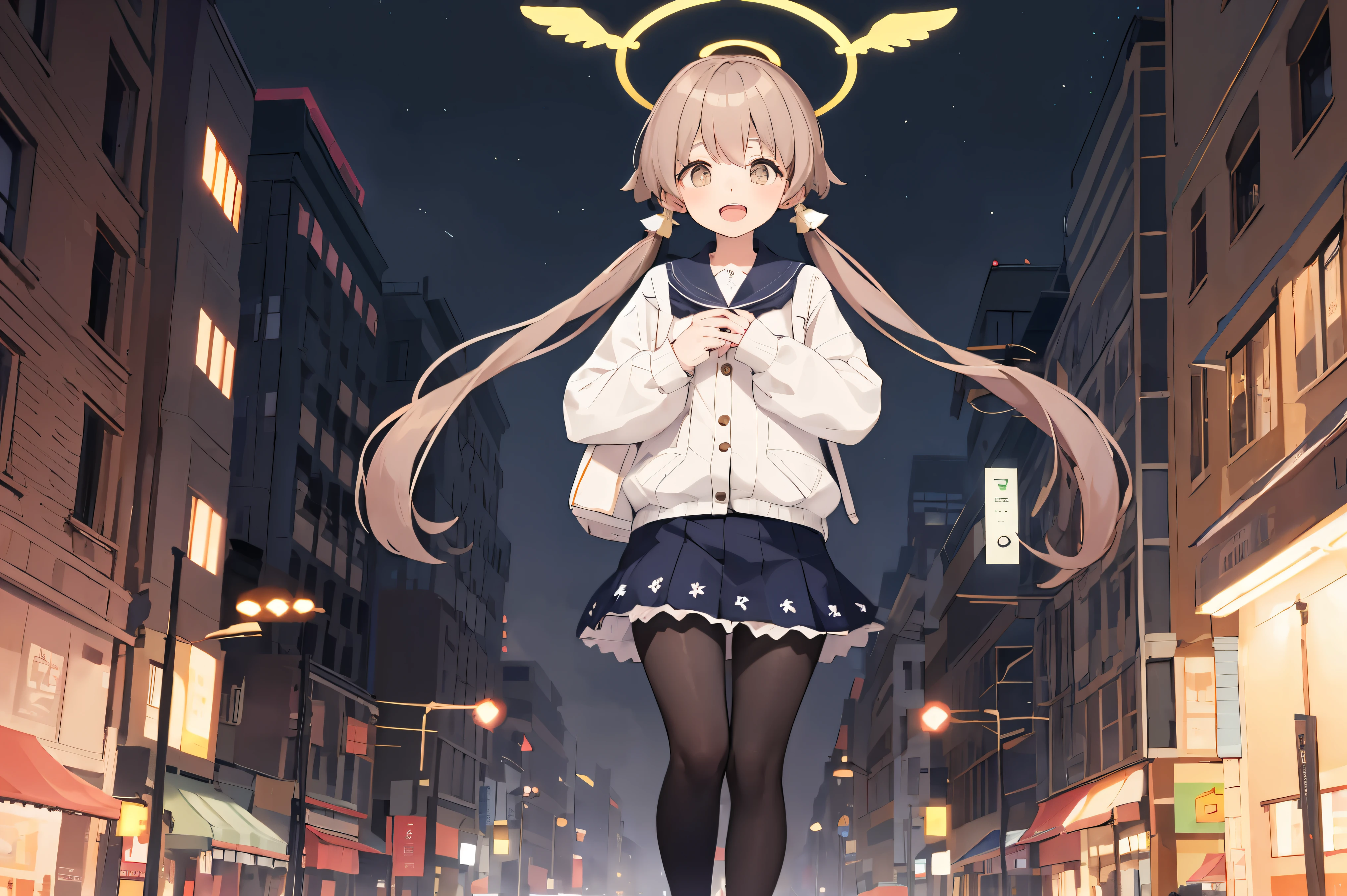 masterpiece,Highest quality,Delicate eyes,Hifumi Ajiya,One girl,alone,Hello, Low Twintails, Light brown hair, , Black Pantyhose, Leather shoes, Meisium chest, :is, alone, whole boisy, builising,null, city.Are stanising