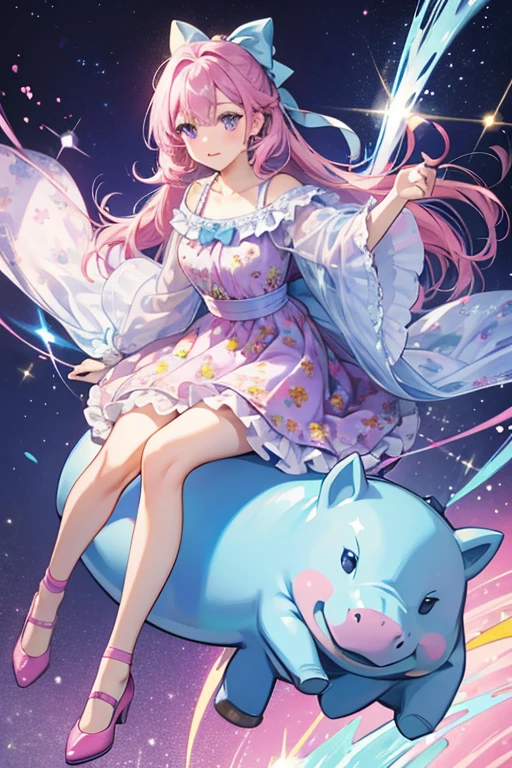 Hedda is a light blue hippo with long dark magenta hair.
She wears a floral wrap dress.
She comes with a pink hair bow and yellow shoes. SPARKLE; GLITTER