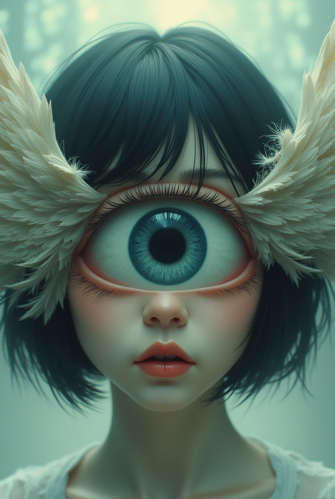 dreamcore girl with one eye giant on his face, short black hair, she has only one giant eye, and around the eye there are wings