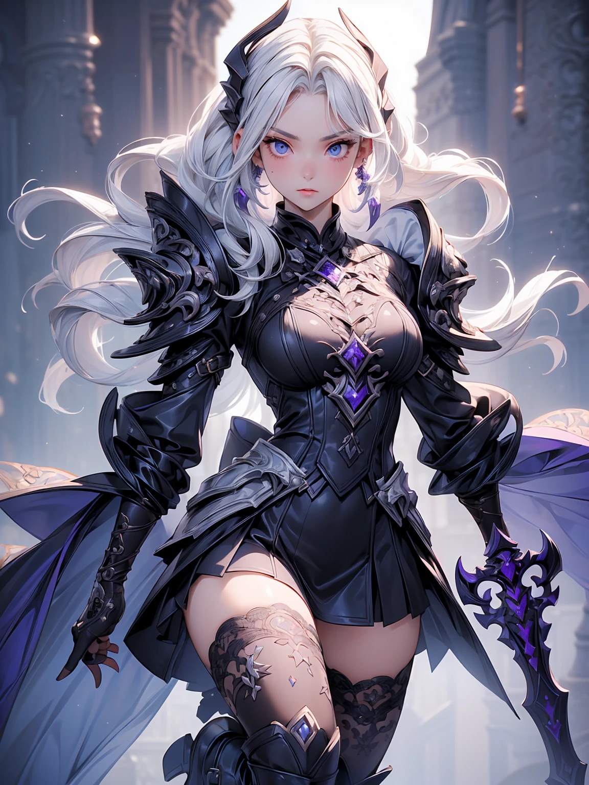 (((masterpiece, best quality, high detailed, 16k))) (1girl) A breathtakingly beautiful young girl with short stylish white hair and piercing eyes. She wears a demonic armor in purple black and white. wields a large stylized scythe. ((full body front view)), (extremely detailed:1.5)