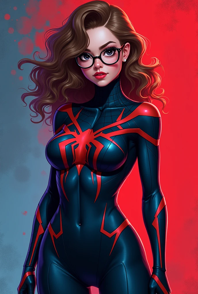 a young adult , white-skinned, with light brown, tightly curled hair and large , that fall in loose curls around the face. His eyes are black and expressive, highlighted by rounded black-rimmed glasses, that add an intellectual touch to your look. She is dressed in a Spider-Woman inspired costume., with a sleek, modern design that highlights a black web pattern on a red and blue background. The costume is adjusted to the body , she has big thighs and wide hips ,It's neither fat nor thin ,highlighting your curves in a stylized and heroic way.