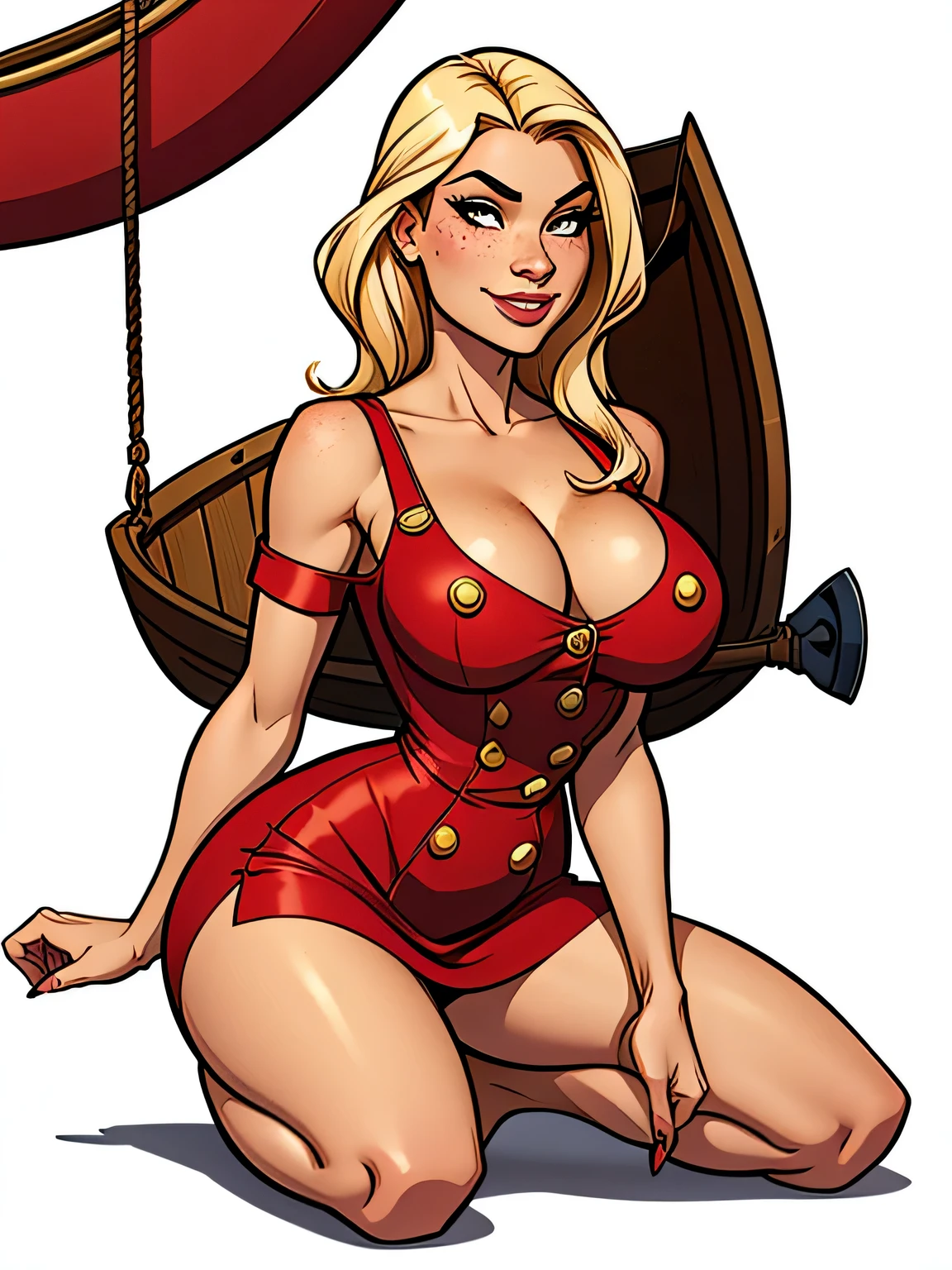 Thin woman, age 25, 4K (High definition), mysterious smile, seducing gaze, eyes browns, wearing a red dress with a boat neck (with golden buttons) and short sleeves, arms positioned at the side of the body, pele caucasiana, straight blonde hair up to the shoulders, kneeling, full of curves with freckles on her chest and neck, round breasts. High-quality Marvel style, white background.