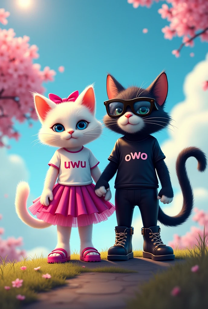 anthropomorphic white female cat with soft and fluffy fur and ribbon on her head, write 'uWu' on her white shirt and magenta tutu skirt and magenta croc sandal. And anthropomorphic black and white male cat with soft and fluffy fur & rocker style black glasses, write 'oWo' on his black shirt and leather pants and boots. They are standing side by side on the hill with cherry blossom tree, blue and bright sky, cinematic color grading, dramatic lighting. full body shot.