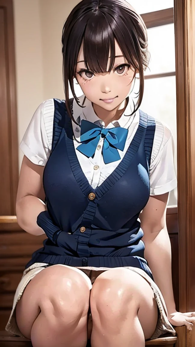 (masterpiece:1.2, Highest quality), (Realistic, Photorealistic:1.4), Beautiful illustrations, (Natural Side Lighting, Cinema Lighting), Written boundary depth, Looking at the audience, Front view, 1 person, English, high school girl, 20-year-old, Perfect Face, Symmetrical cute face, Glowing Skin, Spread your legs, (ボブヘア:1.7, ブロンド), Asymmetrical bangs, Big eyes, Droopy eyes, long eyelashes chest), thin, Beautiful Hair, Beautiful Face, Beautiful and beautiful eyes, Beautiful clavicle, Beautiful body, Beautiful thighs, Beautiful legs, Beautiful fingers, ((High quality fabric, Brown knitted vest, Short sleeve white collar shirt, ネイビーのプリーツスカート, Navy bow tie)), (Beautiful views), evening, (Inside the flower shop), Are standing, (smile, wonderful, Open your mouth), (((スカートめくり, ズボンがない, Genitals are visible))), Full Body Shot, Dark blue socks, Sexy Face,
