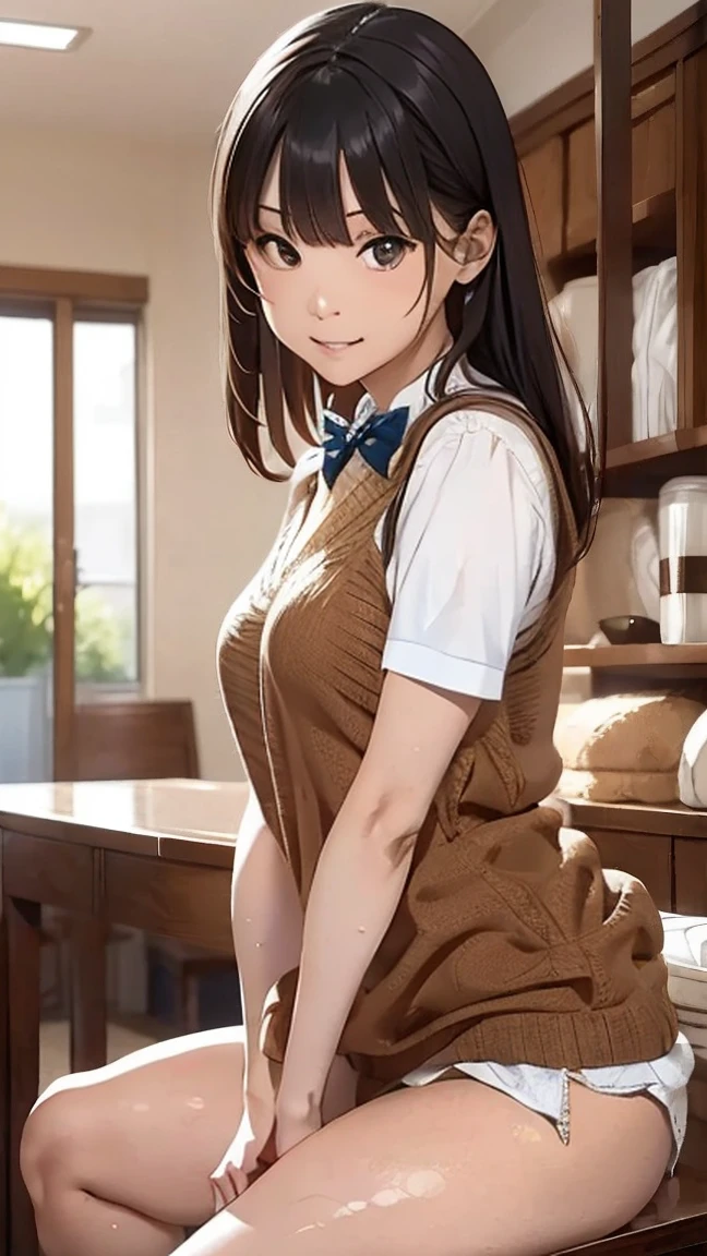 (masterpiece:1.2, Highest quality), (Realistic, Photorealistic:1.4), Beautiful illustrations, (Natural Side Lighting, Cinema Lighting), Written boundary depth, Looking at the audience, Front view, 1 person, English, high school girl, 20-year-old, Perfect Face, Symmetrical cute face, Glowing Skin, Spread your legs, (ボブヘア:1.7, ブロンド), Asymmetrical bangs, Big eyes, Droopy eyes, long eyelashes chest), thin, Beautiful Hair, Beautiful Face, Beautiful and beautiful eyes, Beautiful clavicle, Beautiful body, Beautiful thighs, Beautiful legs, Beautiful fingers, ((High quality fabric, Brown knitted vest, Short sleeve white collar shirt, ネイビーのプリーツスカート, Navy bow tie)), (Beautiful views), evening, (Inside the flower shop), Are standing, (smile, wonderful, Open your mouth), (((スカートめくり, ズボンがない, Genitals are visible))), Full Body Shot, Dark blue socks, Sexy Face,