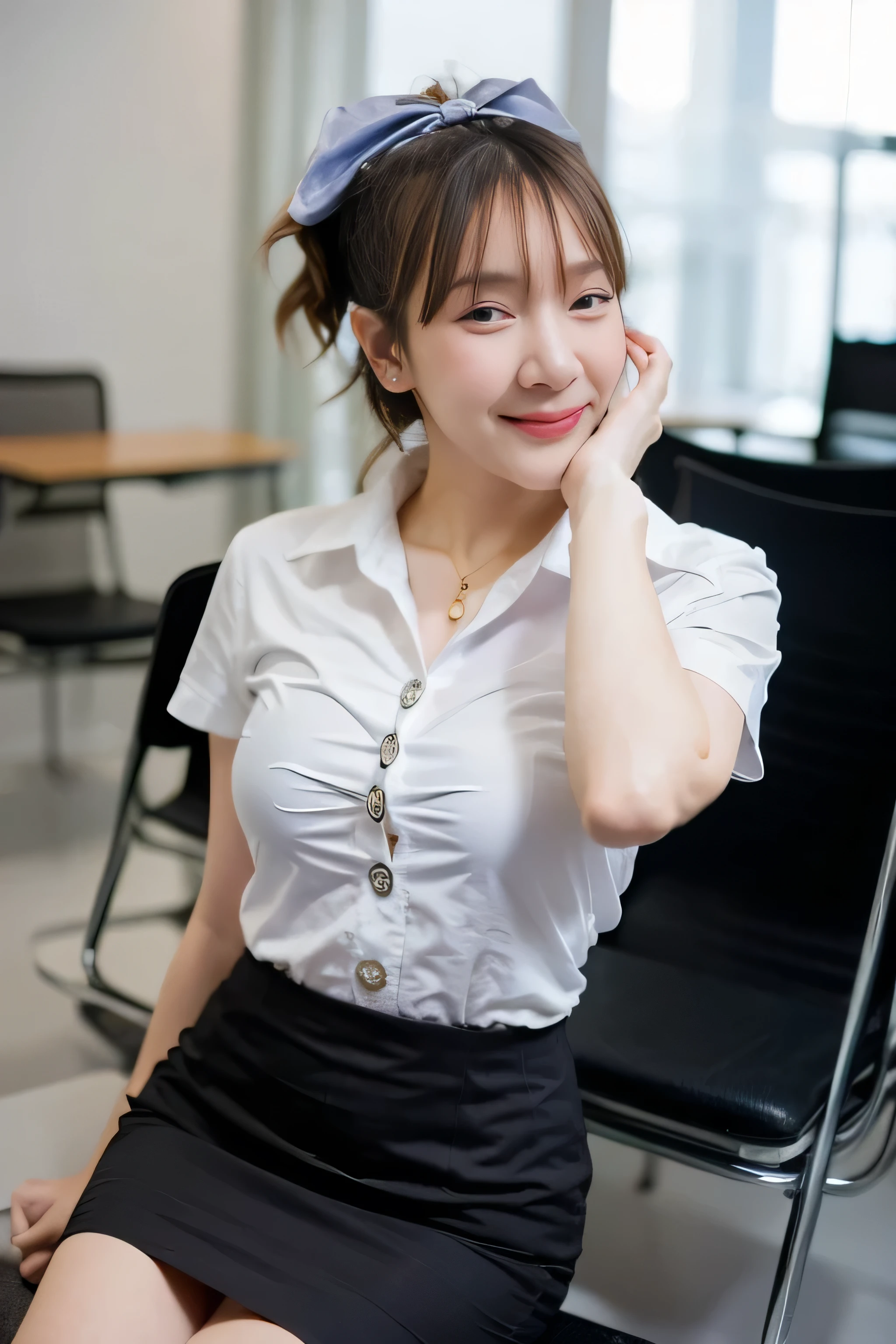 Close up,1 girl{{A beautiful woman wearing a white short-sleeved shirt and a short black pencil skirt}} ,( hair tied with a bow), sitting, sexy pose.  with several lecture tables set up behind it  There is a sliding glass window.  There was evening light streaming into the room.